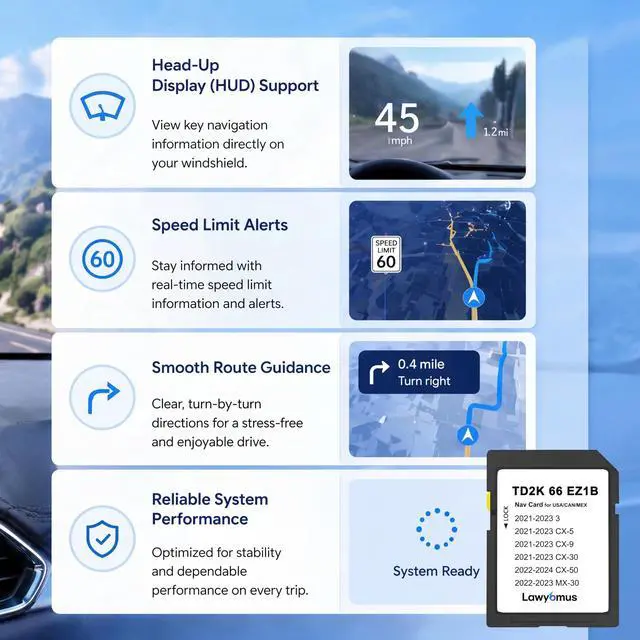 Alt view image 5 of 7 - TD2K66EZ1B Mazda Navigation SD Card Compatible with 2021-2023 CX5 CX9 CX30 Mazda 3, 2022-2024 CX50, 2022-2023 MX-30 - Offline North America Maps - Enables HUD & Speed Sign Recognition - Plug and Play