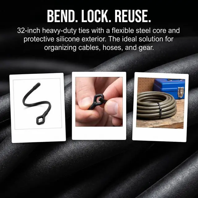 Alt view image 4 of 7 - 8pcs Rubber Twist Ties, 32-Inch Silicone Cable Ties Reusable | Twist Ties Heavy Duty, Bendable Cable Ties for Bundling and Holding, Black Silicone Twist Ties for Indoor and Outdoor Use