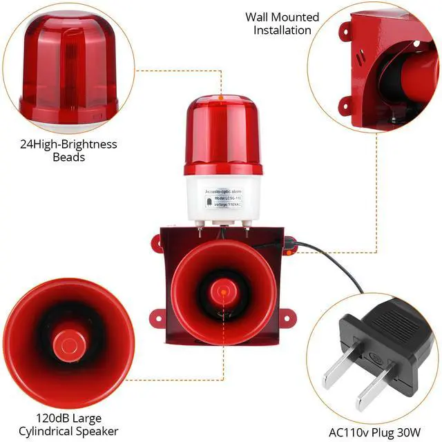 Alt view image 5 of 7 - Industrial Siren Alarm Strobe Light, AC110V-120V, 120dB Emergency Strobe Security Alarm for Warehouse, Factory, School (No Switch, Always On)