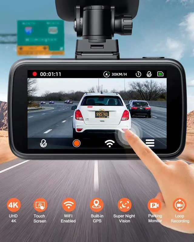 Alt view image 3 of 7 - 4K Dash Cam, Built-in WiFi GPS, Touch Screen Car Camera, 24Hr Parking Monitor, Loop Recording, Dash Camera for Cars with App Control, HDR, G-Sensor Support 256GB Max
