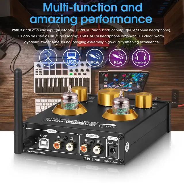 Alt view image 4 of 7 - Bluetooth Tube Preamp: HiFi Stereo Preamplifier Receiver | Headphone Amp | USB DAC | Tone Control for Home Theater, Desktop Listening (P1)