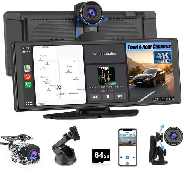 Main image of Portable Wireless CarPlay Screen for Car with 4K Dash Cam+1080P Backup Camera, 10.26IPS Touchscreen Car Stereo, Supports CarPlay/Android Auto/Voice Control/GPS Navigation/Bluetooth/Mirror Link