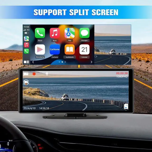 Alt view image 4 of 7 - Portable Wireless CarPlay Screen for Car with 4K Dash Cam+1080P Backup Camera, 10.26IPS Touchscreen Car Stereo, Supports CarPlay/Android Auto/Voice Control/GPS Navigation/Bluetooth/Mirror Link