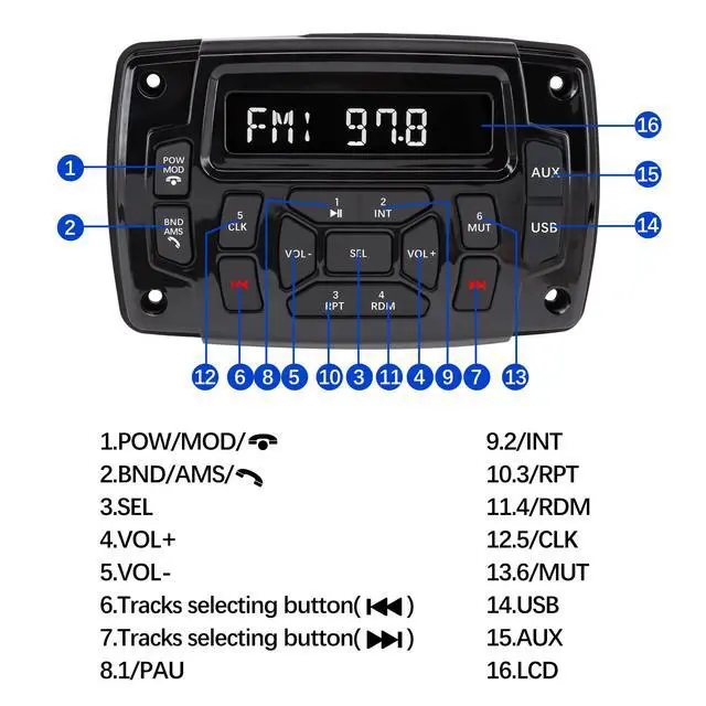 Alt view image 7 of 7 - Marine Stereo Audio Radio Bluetooth Car Stereo Receivers Waterproof Player MP3 Boat Media with AM/FM Music Radio USB Input for Golf Cart Motorcycle UTV Head Unit Sound System