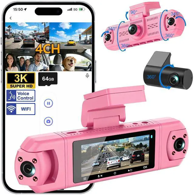 Main image of 4 Channel Dash Cam,360 Degree, Front and Rear Inside Dash Cam for Cars, APP Control, Built-in WiFi,8 IR Night Vision, Parking Mode, Loop Recording, Fre 64G SD Card, Voice Control,3K+1080P x3