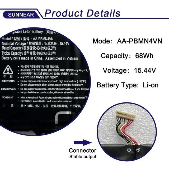 Alt view image 2 of 6 - AA-PBMN4VN Laptop Battery Compatible with Samsung Galaxy Book Pro 360 15 15.6 NP950XDB NP950XDB-KA1US NP950XDB-KB1US NP950QDB Series BA43-00398 BA4300398 BA43-00398A 15.44V 68Wh 4405mAh