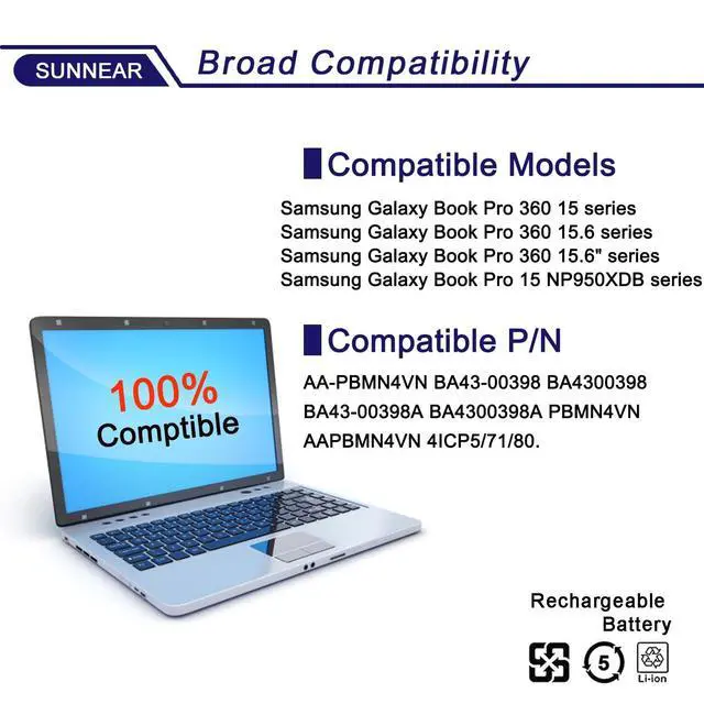 Alt view image 5 of 6 - AA-PBMN4VN Laptop Battery Compatible with Samsung Galaxy Book Pro 360 15 15.6 NP950XDB NP950XDB-KA1US NP950XDB-KB1US NP950QDB Series BA43-00398 BA4300398 BA43-00398A 15.44V 68Wh 4405mAh