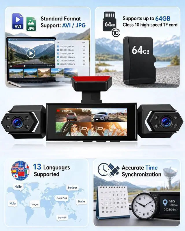 Alt view image 3 of 7 - 4 Channel 360° Dash Cam, 1080P FHD Front and Rear Camera for Cars, 8 Non-Glare Night Vision Lights, Loop Recording, Reverse Assistance, 3.16" IPS Screen, Interior Monitoring