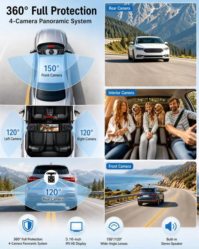 Alt view image 2 of 7 - 4 Channel 360° Dash Cam, 1080P FHD Front and Rear Camera for Cars, 8 Non-Glare Night Vision Lights, Loop Recording, Reverse Assistance, 3.16" IPS Screen, Interior Monitoring