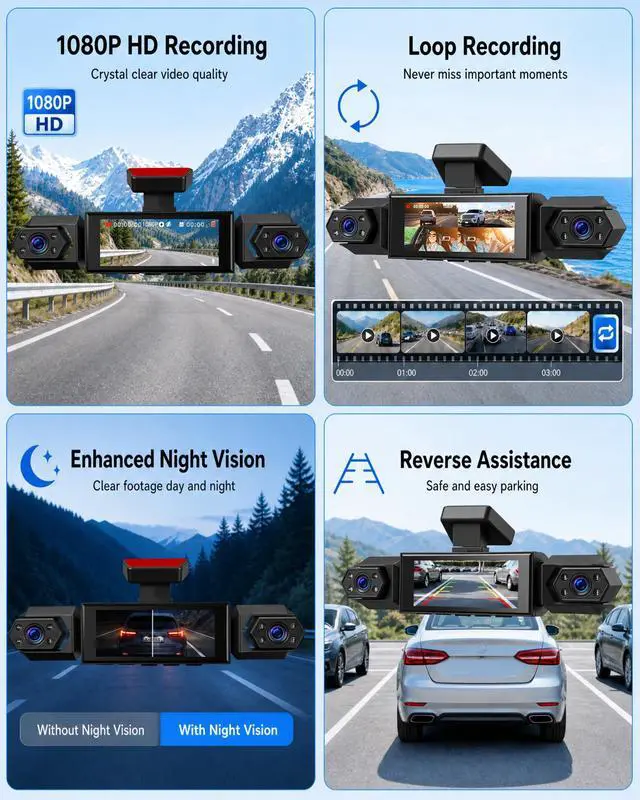 Alt view image 4 of 7 - 4 Channel 360° Dash Cam, 1080P FHD Front and Rear Camera for Cars, 8 Non-Glare Night Vision Lights, Loop Recording, Reverse Assistance, 3.16" IPS Screen, Interior Monitoring