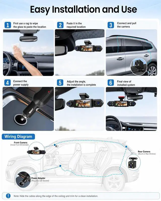 Alt view image 5 of 7 - 4 Channel 360° Dash Cam, 1080P FHD Front and Rear Camera for Cars, 8 Non-Glare Night Vision Lights, Loop Recording, Reverse Assistance, 3.16" IPS Screen, Interior Monitoring