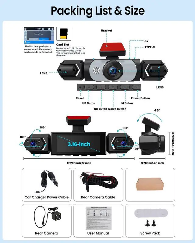 Alt view image 7 of 7 - 4 Channel 360° Dash Cam, 1080P FHD Front and Rear Camera for Cars, 8 Non-Glare Night Vision Lights, Loop Recording, Reverse Assistance, 3.16" IPS Screen, Interior Monitoring