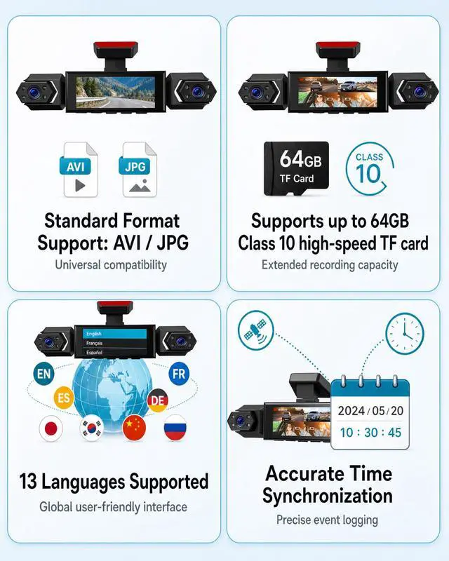 Alt view image 6 of 7 - 4 Channel 360° Dash Cam, 1080P FHD Front and Rear Camera for Cars, 8 Non-Glare Night Vision Lights, Loop Recording, Reverse Assistance, 3.16" IPS Screen, Interior Monitoring