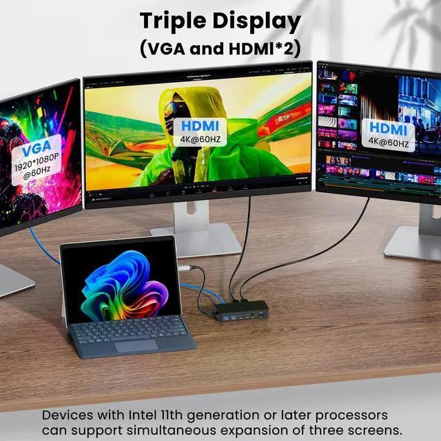 Alt view image 2 of 7 - Surface Thunderbolt 4 Dock Triple Displays 4K HDMI*2+VGA, 12 in 1 Surface Pro Docking Station with 100W Power Adapter for MS Surface Pro 12/11/10/9/8/X/7+/7,Laptop 7/6/5/4/3,Laptop Go,Studio