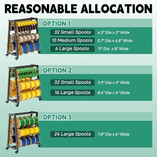 Alt view image 2 of 7 - Wire Spool Rack, Adjustable Cable Organizer, 8-Rod Cord Reels | With Locking Wheels for Electrical Industrial Warehouse Reel Storage 400 lbs Capacity Wire Spool Holder up to 12 Spools Rods