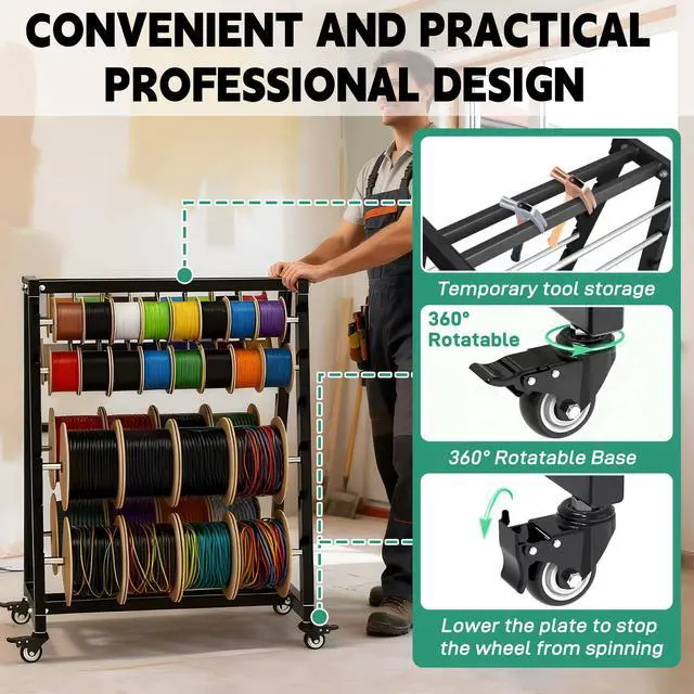 Alt view image 5 of 7 - Wire Spool Rack, Adjustable Cable Organizer, 8-Rod Cord Reels | With Locking Wheels for Electrical Industrial Warehouse Reel Storage 400 lbs Capacity Wire Spool Holder up to 12 Spools Rods