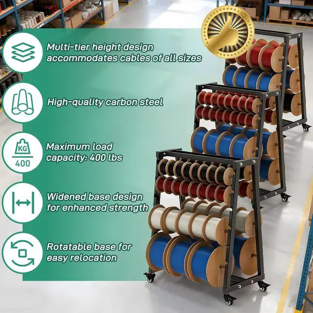 Alt view image 4 of 7 - Wire Spool Rack, Adjustable Cable Organizer, 8-Rod Cord Reels | With Locking Wheels for Electrical Industrial Warehouse Reel Storage 400 lbs Capacity Wire Spool Holder up to 12 Spools Rods