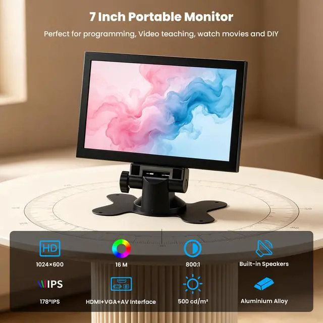 Alt view image 2 of 7 - Mini Monitor 7 Inch Screen HDMI, Portable Vga Monitor with AV BNC, 1024×600 LCD Small Screen with Built-in Speakers, 178° View Angle IPS, Multi-Function Small Display for Raspberry Pi PC/TV/DVD/CVBS