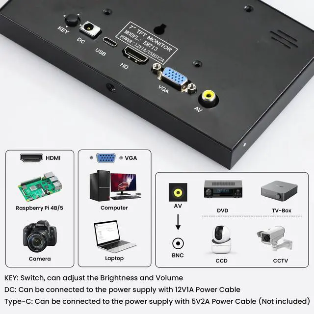 Alt view image 3 of 7 - Mini Monitor 7 Inch Screen HDMI, Portable Vga Monitor with AV BNC, 1024×600 LCD Small Screen with Built-in Speakers, 178° View Angle IPS, Multi-Function Small Display for Raspberry Pi PC/TV/DVD/CVBS