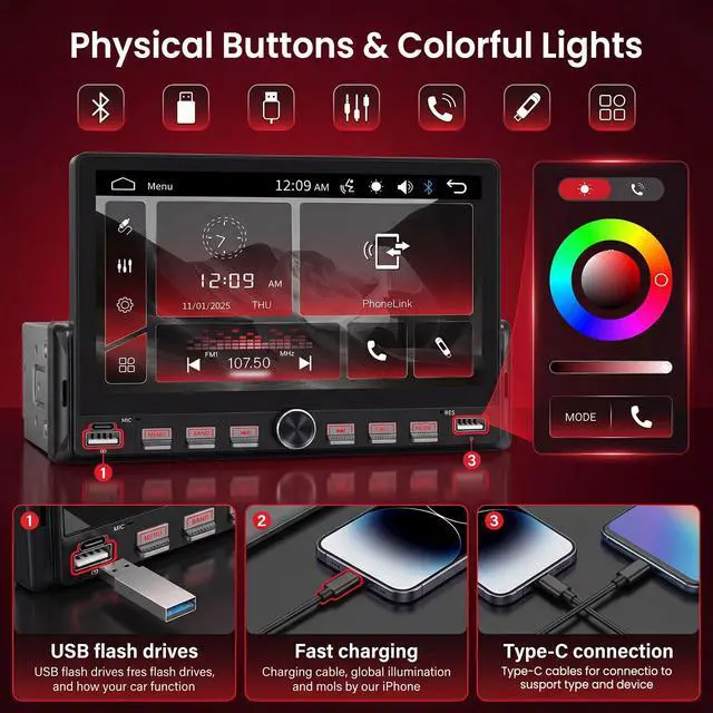 Alt view image 5 of 6 - Single Din Car Radio with Bluetooth iOS/Android Mirror Link Share Same Video, 7" IPS Touch Screen Car Radio 1 Din with Piano Keys Support Backup Camera Mirror Link Bluetooth FM USB EQ SWC