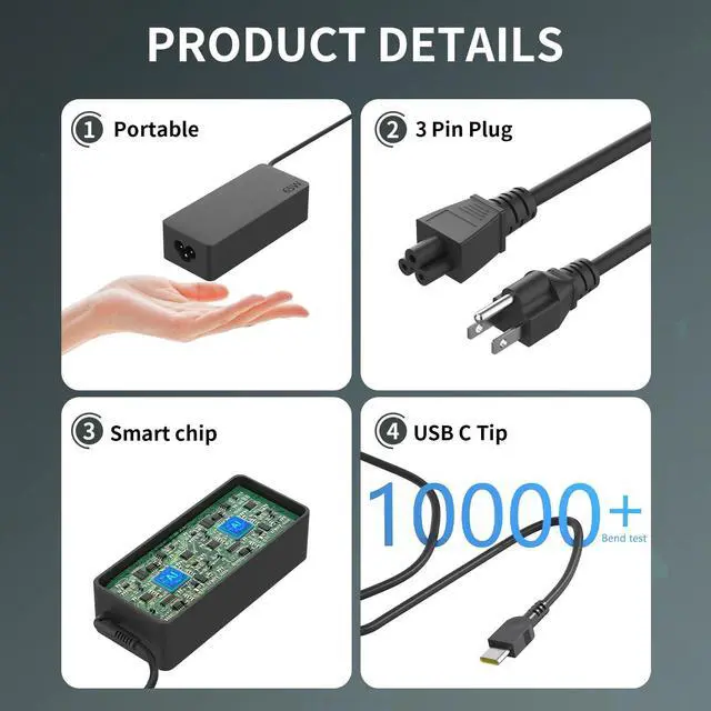 Alt view image 4 of 7 - 65W USB C Type c AC Charger Compatible with Lenovo ThinkPad E580 E585 E590 E590S E595 T480 T490 T580 Yoga C940 C740 thinkbook ADLX65YCC3A Laptop Power Supply Adapter Cord