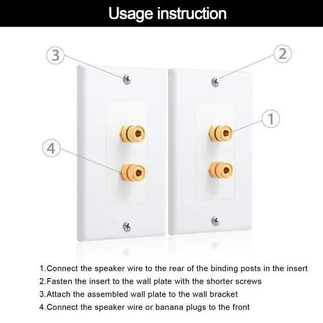 Alt view image 3 of 6 - 4 Pcs Speaker Wall Plate Gold Plated 2 Connector Banana Plug Wall Plate for in-Wall Speaker Wire, Surround Sound & Audio Systems