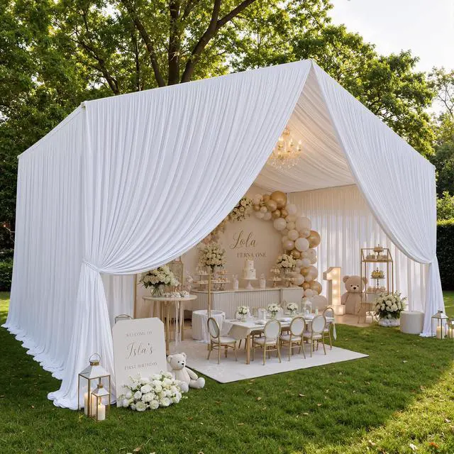 Alt view image 2 of 7 - 20x20ft White Ceiling Drapes for Wedding, 4 Panels 5×20ft Wrinkle-Free Silky Draping Fabric Ceiling Curtains for Tent Canopy Church Event Reception Stage Backdrop