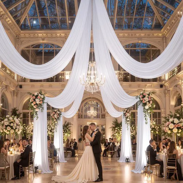 Alt view image 3 of 7 - 20x20ft White Ceiling Drapes for Wedding, 4 Panels 5×20ft Wrinkle-Free Silky Draping Fabric Ceiling Curtains for Tent Canopy Church Event Reception Stage Backdrop
