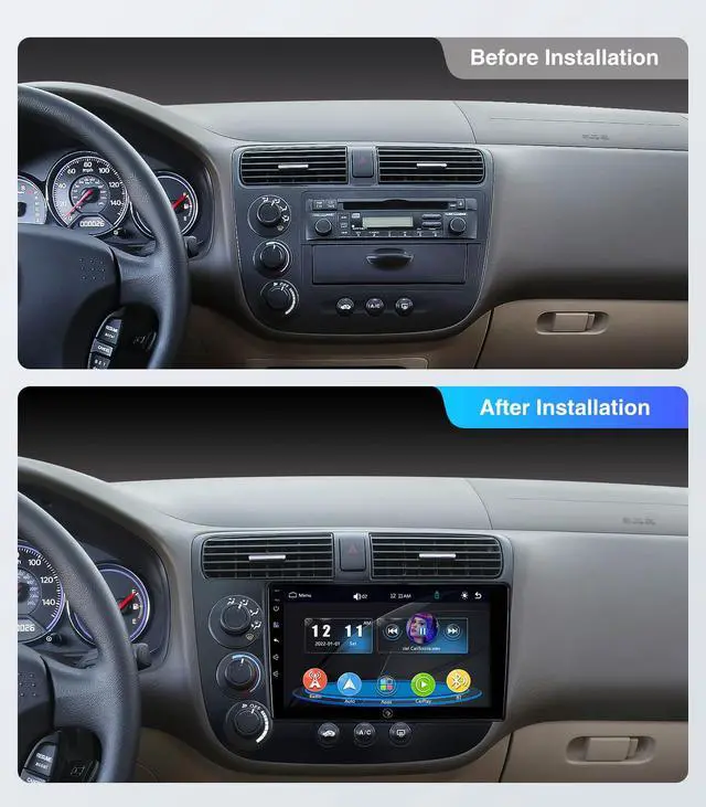 Alt view image 2 of 7 - Car Radio Stereo for Honda Civic 2001-2005, Wireless CarPlay Android Auto 9 Inch Linux Touch Screen Navigation Head Unit Bluetooth FM/AM