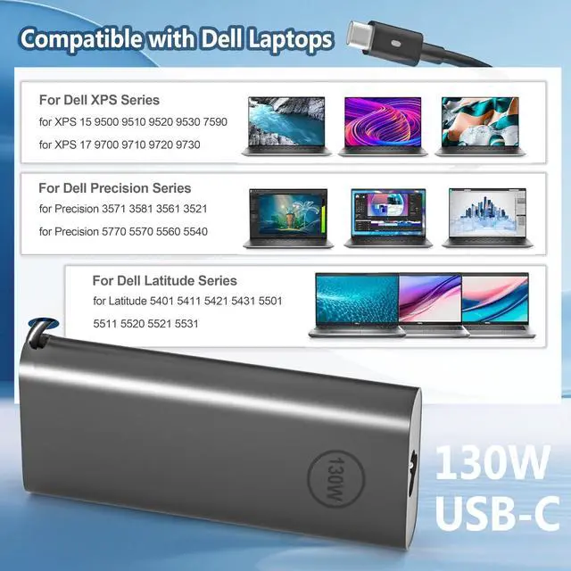 Alt view image 3 of 7 - 130W USB-C Laptop Charger fit for Dell Precision Latitude XPS 15 17 Series | 20V 6.5A Type-C Adapter for Dell 9520 9530 9720 9730 3470 3480 3490 3541 3551 5401 5411 5421 5431 5501 5511 5520 5521 5531