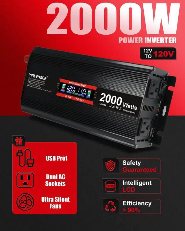 Alt view image 2 of 7 - 2000 watt Inverter 12V to 110V/120V, dc to ac Inverter 2000W Car Converter with Intelligent LCD Display Dual AC Outlets Dual USB Charging Port for RV Truck Laptopy