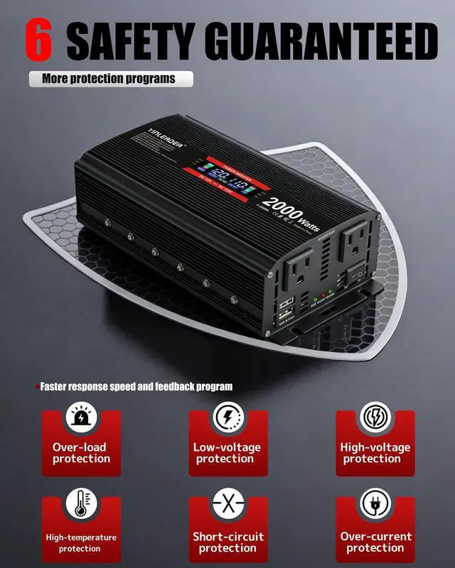 Alt view image 4 of 7 - 2000 watt Inverter 12V to 110V/120V, dc to ac Inverter 2000W Car Converter with Intelligent LCD Display Dual AC Outlets Dual USB Charging Port for RV Truck Laptopy