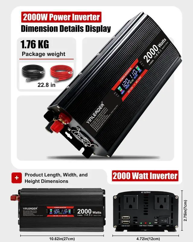 Alt view image 5 of 7 - 2000 watt Inverter 12V to 110V/120V, dc to ac Inverter 2000W Car Converter with Intelligent LCD Display Dual AC Outlets Dual USB Charging Port for RV Truck Laptopy