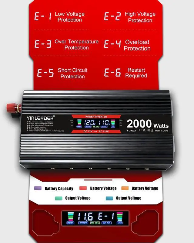 Alt view image 6 of 7 - 2000 watt Inverter 12V to 110V/120V, dc to ac Inverter 2000W Car Converter with Intelligent LCD Display Dual AC Outlets Dual USB Charging Port for RV Truck Laptopy