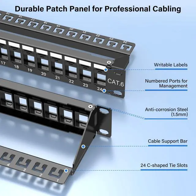 Alt view image 3 of 7 - 1U 24 Port 10Gbps Blank Patch Panel with Cable Management & Back Bar | 19-Inch Rackmount or Wall Mount Keystone Panel for Cat6/Cat6a, HDMI, Coax, Fiber & Audio (No Keystone Jacks Included)