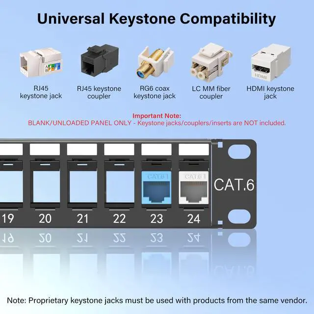 Alt view image 4 of 7 - 1U 24 Port 10Gbps Blank Patch Panel with Cable Management & Back Bar | 19-Inch Rackmount or Wall Mount Keystone Panel for Cat6/Cat6a, HDMI, Coax, Fiber & Audio (No Keystone Jacks Included)