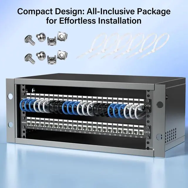 Alt view image 7 of 7 - 1U 24 Port 10Gbps Blank Patch Panel with Cable Management & Back Bar | 19-Inch Rackmount or Wall Mount Keystone Panel for Cat6/Cat6a, HDMI, Coax, Fiber & Audio (No Keystone Jacks Included)