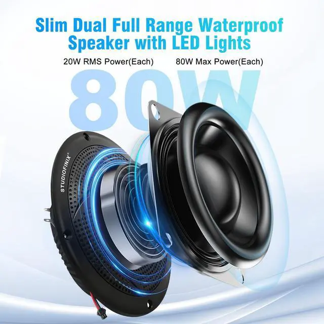 Alt view image 2 of 7 - 5.25" 160W Bluetooth Waterproof Marine Speakers - 2 Way Weather Resistant Boat Audio with LED Lights, and Low Profile Slim Style Suitable for Boat, RV, ATV, UTV, Golf Cart (1 Pair, Black)
