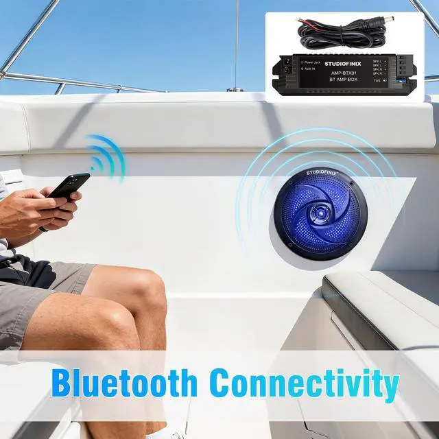 Alt view image 6 of 7 - 5.25" 160W Bluetooth Waterproof Marine Speakers - 2 Way Weather Resistant Boat Audio with LED Lights, and Low Profile Slim Style Suitable for Boat, RV, ATV, UTV, Golf Cart (1 Pair, Black)
