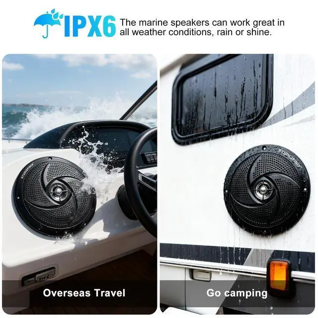 Alt view image 5 of 7 - 5.25" 160W Bluetooth Waterproof Marine Speakers - 2 Way Weather Resistant Boat Audio with LED Lights, and Low Profile Slim Style Suitable for Boat, RV, ATV, UTV, Golf Cart (1 Pair, Black)