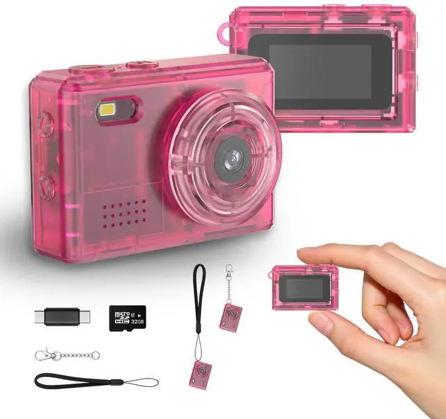 Main image of Y2K Mini Pink Keychain Camera, 1080P HD & 2MP, 32GB Card | 5 Filters & Flash, 0.96" Display, OTG Adapter for Android, Mini Wearable Pendant for Travel/Vlog/Night Shots, Ideal Gift