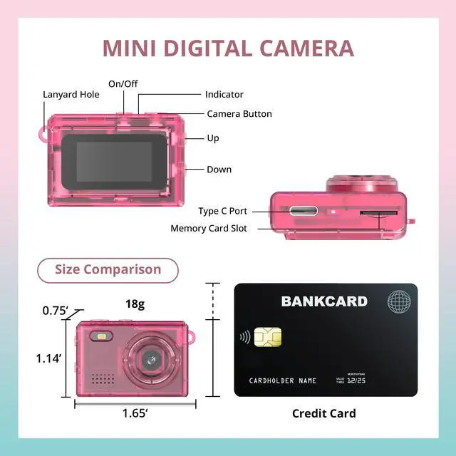 Alt view image 7 of 7 - Y2K Mini Pink Keychain Camera, 1080P HD & 2MP, 32GB Card | 5 Filters & Flash, 0.96" Display, OTG Adapter for Android, Mini Wearable Pendant for Travel/Vlog/Night Shots, Ideal Gift