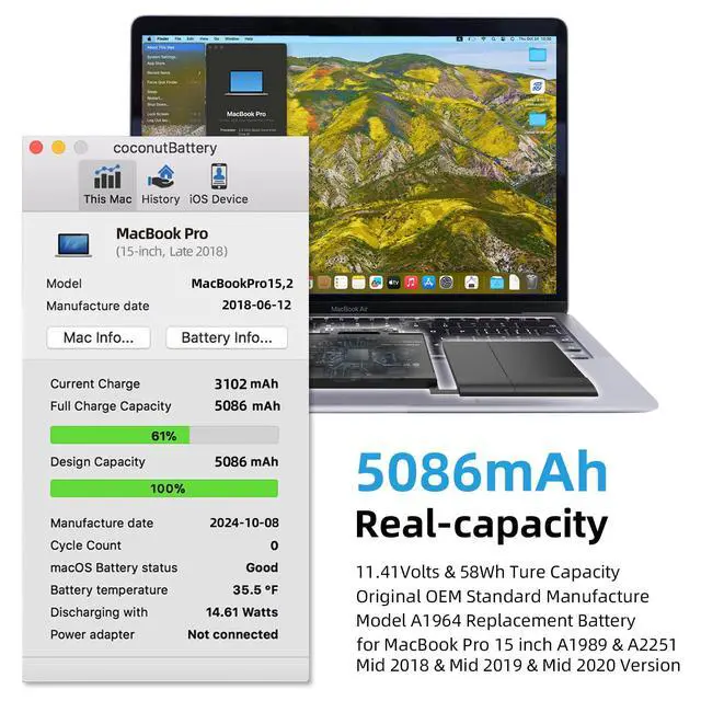 Alt view image 2 of 6 - A1989 A2251 Battery Replacement, A1964 Battery for MacBook Pro 13 inch A1989 (Mid 2018 2019) A2251 (2020) EMC 3214 3358 3348 Model Identifier MacBookPro15,2 / MacBookPro16,2