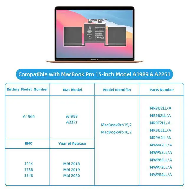 Alt view image 4 of 6 - A1989 A2251 Battery Replacement, A1964 Battery for MacBook Pro 13 inch A1989 (Mid 2018 2019) A2251 (2020) EMC 3214 3358 3348 Model Identifier MacBookPro15,2 / MacBookPro16,2
