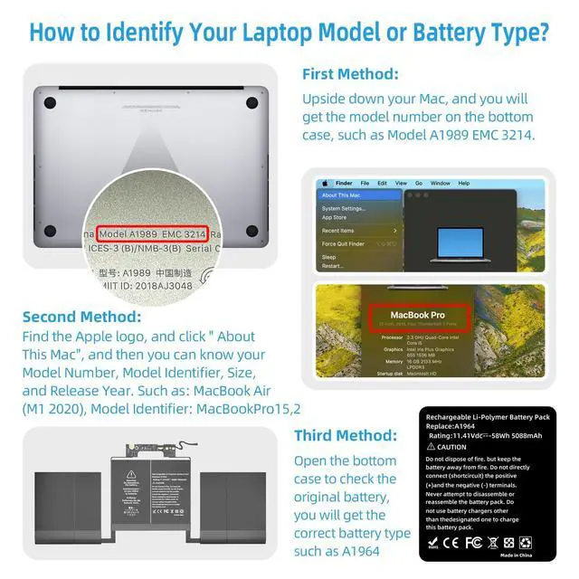 Alt view image 6 of 6 - A1989 A2251 Battery Replacement, A1964 Battery for MacBook Pro 13 inch A1989 (Mid 2018 2019) A2251 (2020) EMC 3214 3358 3348 Model Identifier MacBookPro15,2 / MacBookPro16,2