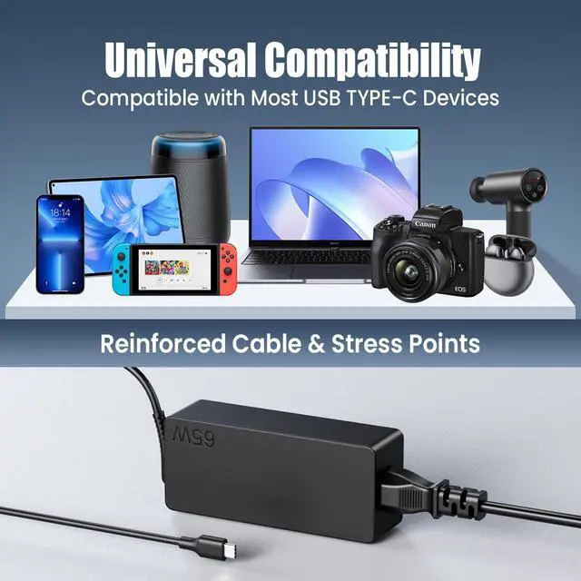 Alt view image 6 of 7 - Laptop Charger 65W watt USB Type C AC Adapter Replacement for Hp Chromebook 14 13 X360 Spectre x360 Elite x2 EliteBook; Lenovo Yoga,Dell, ASUS,Acer Type C Power Supply Adapter with Cord