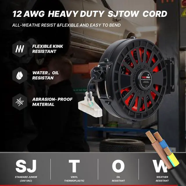 Alt view image 2 of 7 - Retractable Extension Cord Reel, 45 FT, Heavy Duty 12AWG/3C SJTOW Power Cord, with Lighted Triple Tap Outlet, 15 Amp, Swivel Bracket for Ceiling or Wall Mount,UL Listed