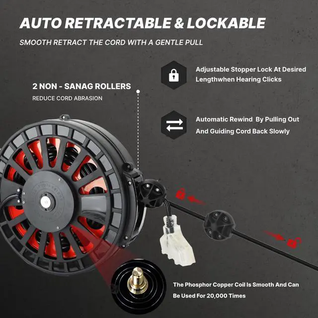 Alt view image 3 of 7 - Retractable Extension Cord Reel, 45 FT, Heavy Duty 12AWG/3C SJTOW Power Cord, with Lighted Triple Tap Outlet, 15 Amp, Swivel Bracket for Ceiling or Wall Mount,UL Listed