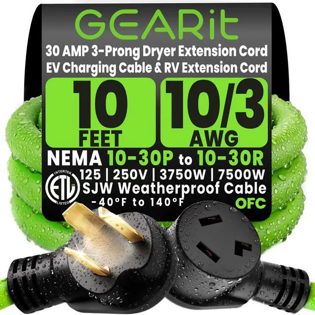 Main image of 3 Prong Dryer Cord, 10 Ft Dryer Extension Cord, NEMA 10-30P to 10-30R, 30 Amp 220V 240V Heavy Duty, 10/3 AWG STW Copper Cable, 3 Prong Dryer Extension Cord for Older Outlets