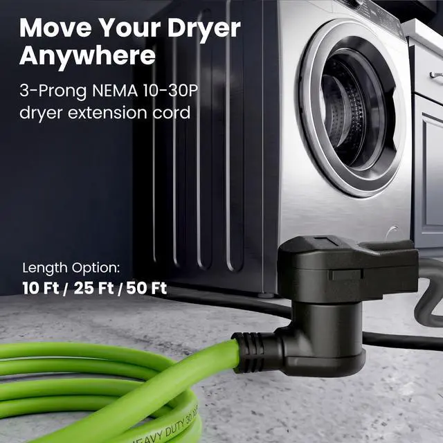 Alt view image 2 of 7 - 3 Prong Dryer Cord, 10 Ft Dryer Extension Cord, NEMA 10-30P to 10-30R, 30 Amp 220V 240V Heavy Duty, 10/3 AWG STW Copper Cable, 3 Prong Dryer Extension Cord for Older Outlets